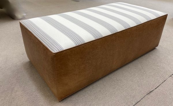 Brown Leather Ottoman with Striped Cushion